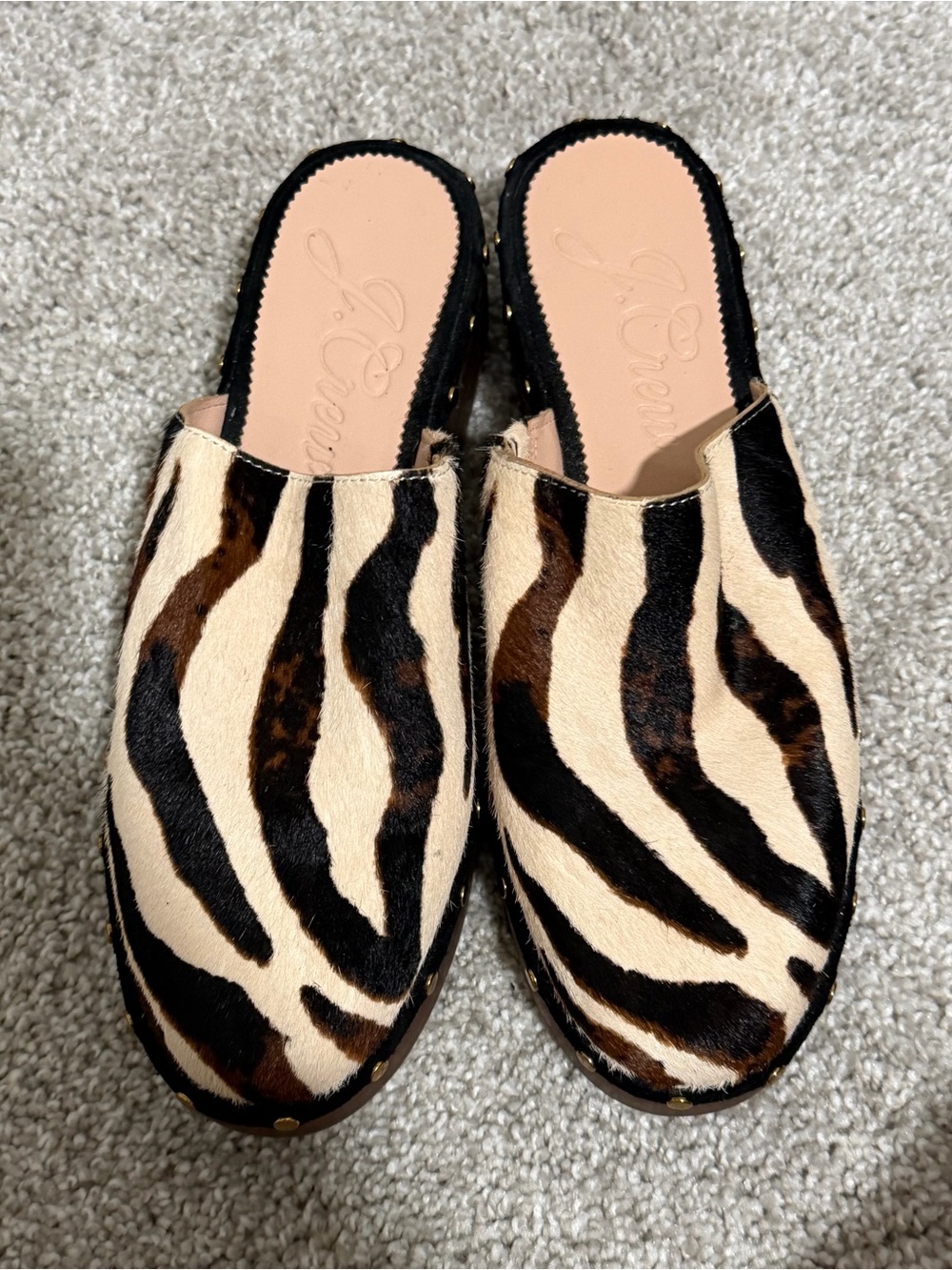 J. Crew Zebra-Print Slip-On Mules in Beige, Black & Brown